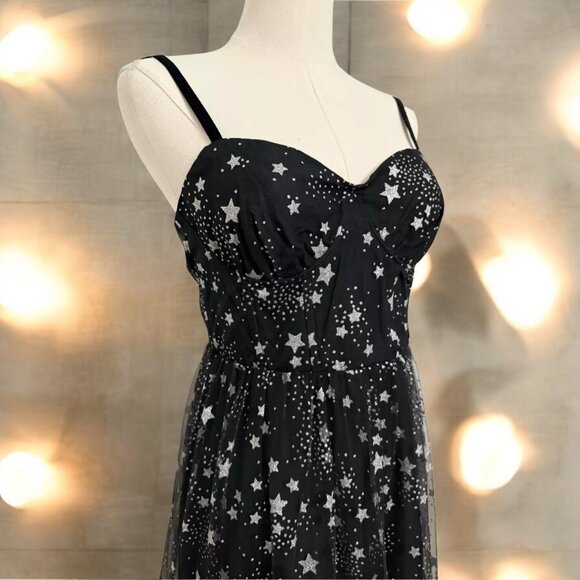 Betsey Johnson Bustier Black Silver Star Starry Night Tulle Dress 2 - Picture 2 of 6